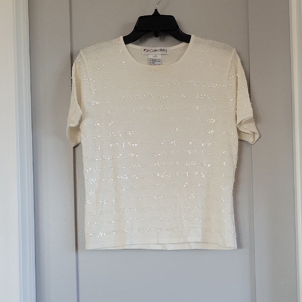 JH Collectibles Women's Cream Sequin Short Sleeve Tee